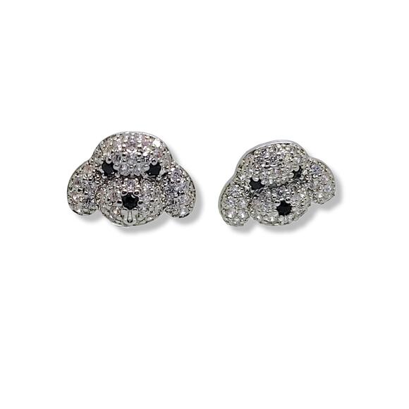 Round White and Black Cubic Zirconia Silver Doggy Face Earrings - Picture 5 of 9
